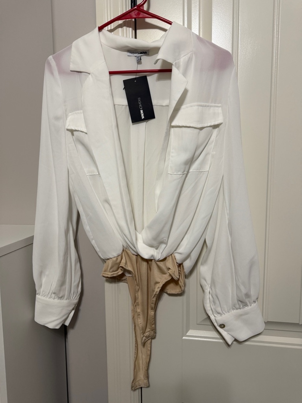 Fashion Nova White & Beige Long Sleeve Plunge Bodysuit